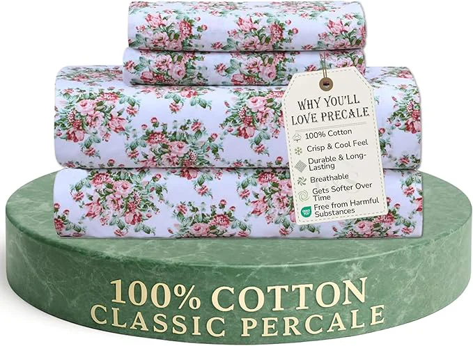 Smart Feather amp Stitch Softest Cotton Sheets 300 Thread Count Percale Weave Bedding 16 quot Deep Pocket Cooling Sheets Breathable Bed Set Hotel Premium Quality Queen Floral Pure