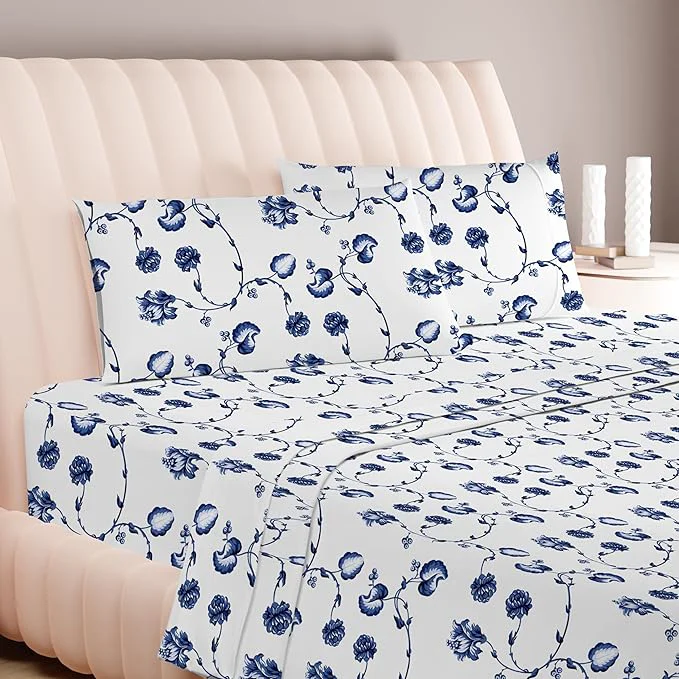 Clean Carressa Linen Egyptian Cotton Printed Bed Sheets - 600 Thread Count 3 PC Twin Sheet Set Hotel Luxury Sateen Bedsheets 16 quot Deep Pocket Soft Cooling Sheets for Twin Size Bed - Floral Blue Consistent