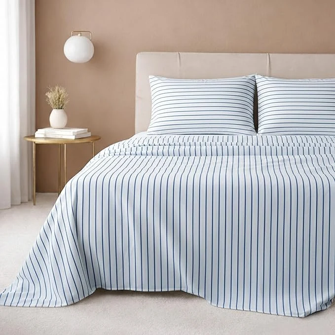 Green California Design Den Printed Striped Cal King Sheet Set - 600 Thread Count Cotton Sateen Premium Deep Pocket California King Sheets - Classic Blue Stripe Print Soft