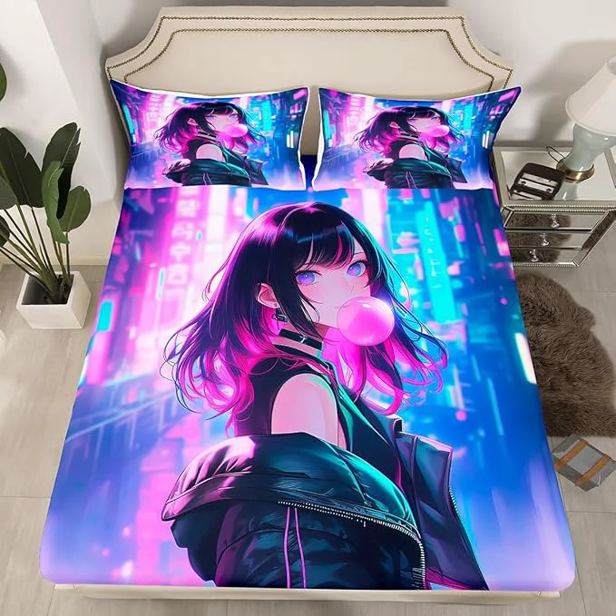 Classic Erosebridal Anime Girl Bedding Set Twin Size Kawaii Japanese Anime Bed Sheets for Kids Boys Teens Adult Women Cartoon Girl Fitted Sheet Japan Animation Bedroom Decor Machine Washable High-Quality