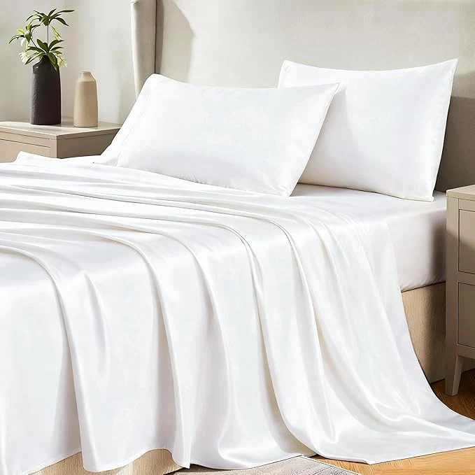 Proven CozyLux Satin Sheets Queen Size Bed Set - 4 Piece Silky Queen Sheet Set Luxury White Queen Sheets with Smooth and Soft Microfiber Includes 1 Fitted Sheet 1 Flat Sheet and 2 Pillowcases Professional