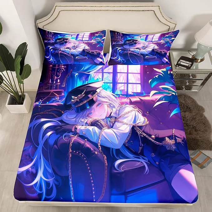 Original Design Erosebridal Anime Girl Fitted Sheet Queen Size Japanese Anime Bed Sheets for Kids Boys Teens Women Bedroom Decor Cartoon Girl Bedding Set Japanese Animation Kawaii Sheets Purple Crafted
