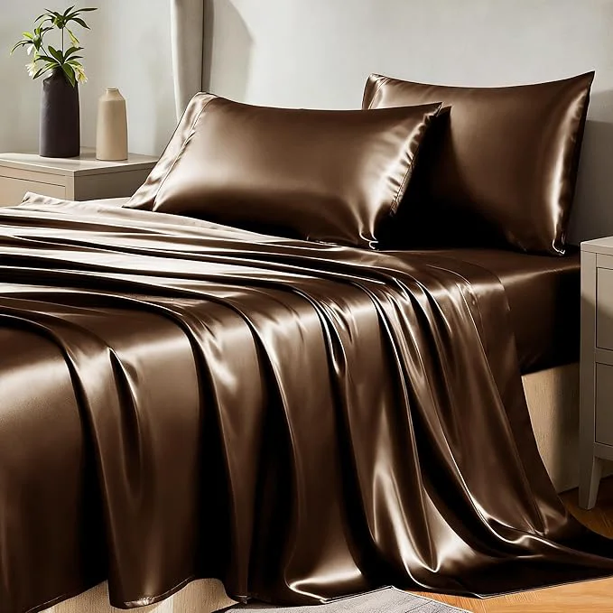 Excellent CozyLux Satin Sheets Queen Size Bed Set - 4 Piece Silky Queen Sheet Set Luxury Brown Queen Sheets with Smooth and Soft Microfiber Includes 1 Fitted Sheet 1 Flat Sheet and 2 Pillowcases High-Quality