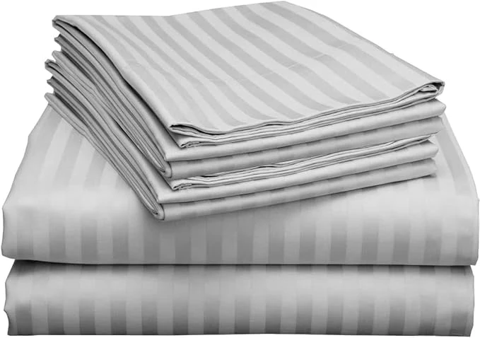 Crafted Mattress-Homes Queen 21 quot Bed Linen Set 600 Thread Count Egyptian Cotton 6 Piece Striped Sheet Set Light Grey Stripe Deep Pocket Fits Mattress Upto 21 quot World-Class