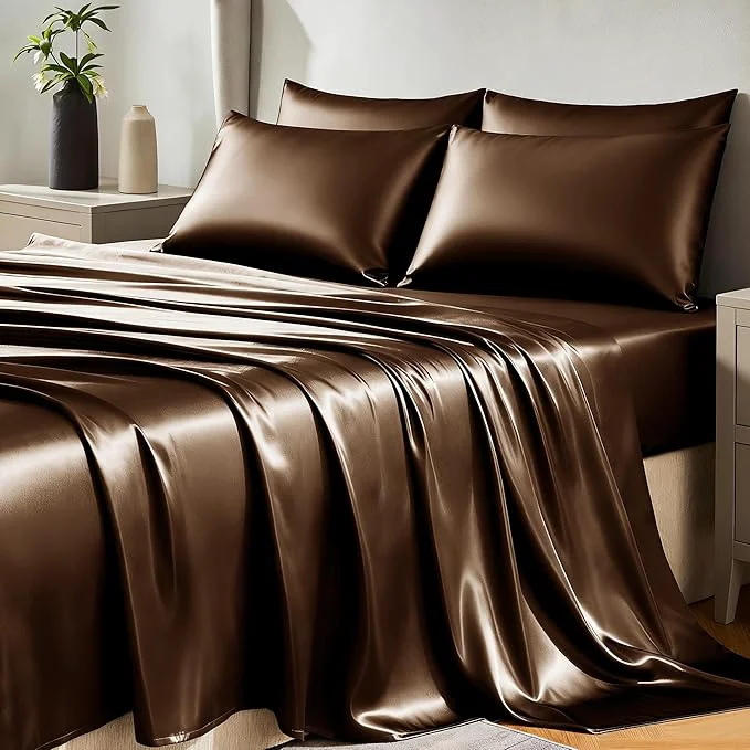 World-Class CozyLux Satin Sheets Queen Size Bed Set - 6 Piece Silky Queen Sheet Set Luxury Brown Queen Sheets with Smooth and Soft Microfiber Includes 1 Fitted Sheet 1 Flat Sheet and 4 Pillowcases Contemporary