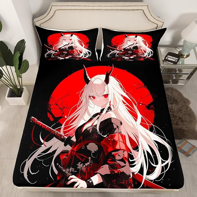 Sophisticated Erosebridal Queen Japanese Anime Bedding Set for Kids Anime Girl Bed Sheets Kawaii Japanese Style Fitted Sheet Cartoon Japan Animation Bed Set for Boys Teen Adult Women Bedroom Red Black Solid