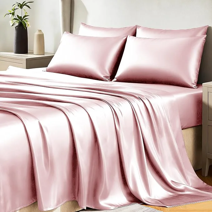 Natural CozyLux Satin Sheets Queen Size Bed Set - 6 Piece Silky Queen Sheet Set Luxury Dirty Pink Queen Sheets with Smooth and Soft Microfiber Includes 1 Fitted Sheet 1 Flat Sheet and 4 Pillowcases Superior