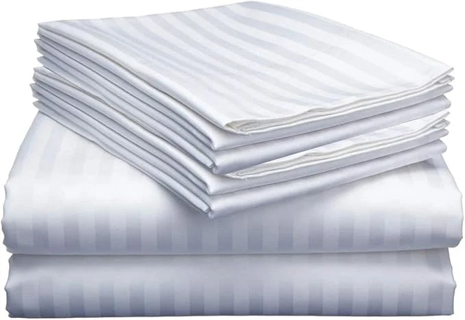 Certified Mattress-Homes Extra Deep Pocket 6 Piece Cal-King Sheet Set Luxury Collection Egyptian Cotton 21 quot Deep Fitted Sheet Soft Cool amp Breathable Bedding with 4 Pillowcases in White Stripe Trusted