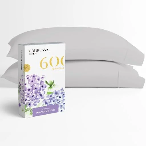 Authentic Carressa Linen Egyptian Cotton Pillow Cases Queen Size Set of 2 - Luxury 600 Thread Count Silver Standard Queen Size Pillowcases Silky Soft Cooling Sateen Weave Hotel Quality Bed Pillow Cover Comfortable