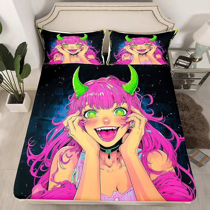 High-End Erosebridal Anime Girl Bed Sheets Queen Size Japanese Anime Fitted Sheet for Kids Boys Teens Bedroom Decor Cartoon Girl Bedding Set Kawaii Japanese Animation Bed Set with 2 Pillow Cases Smart