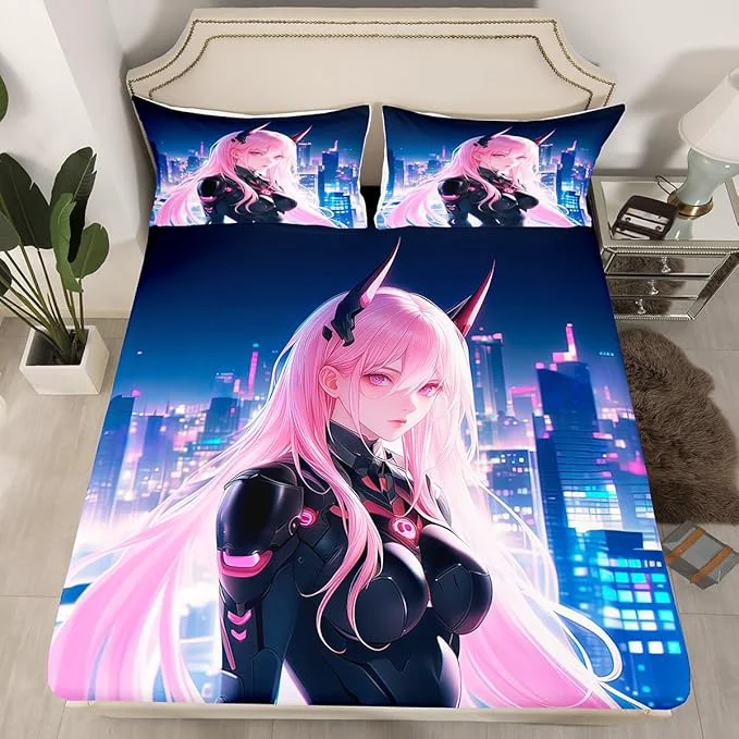 Recyclable Erosebridal Japanese Anime Bed Sheets Full Size Anime Girl Fitted Sheet Kawaii Japanese Style Bedding Set Cartoon Japan Animation Bed Set for Boys Teens Adult Women Bedroom Decor Enhanced