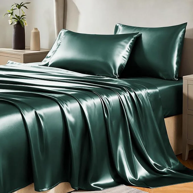 Fashionable CozyLux Satin Sheets Queen Size Bed Set - 4 Piece Silky Queen Sheet Set Luxury Deep Teal Queen Sheets with Smooth and Soft Microfiber Includes 1 Fitted Sheet 1 Flat Sheet and 2 Pillowcases Original
