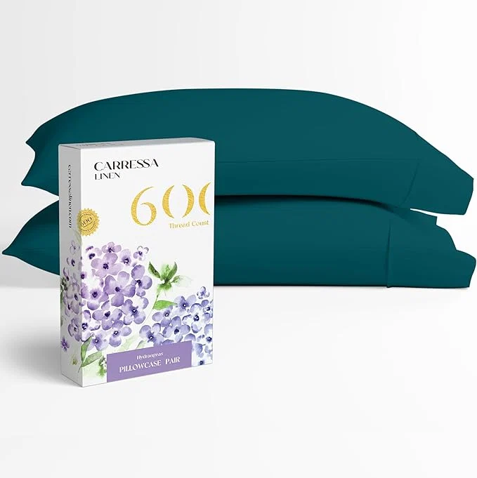 High-Performance Carressa Linen Egyptian Cotton Pillow Cases Set of 2-600 Thread Count Teal Standard Queen Pillowcase for Sleeping Soft Silky Sateen Weave Bed Pillow Cover Extra Long Staple Pillowcases Environmentally Friendly