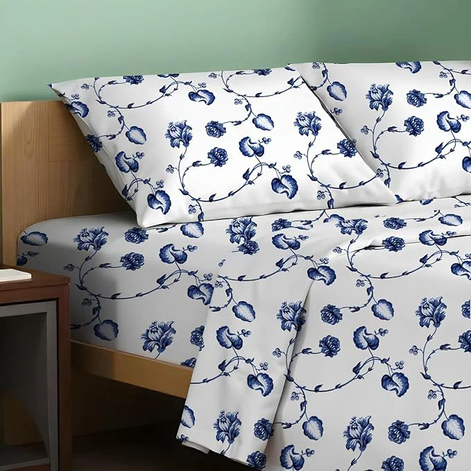 Flexible TEXAS LINEN CO. Organic Cotton Printed Sheets Twin Size - 3 PC Organic Cotton Percale Sheets Twin Set Floral Blue Cooling Sheet for Dorm Room 16 quot Deep Pocket Hotel Bedding - GOTS Advanced