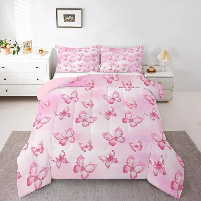 Authentic Erosebridal Pink Butterfly Comforter Set for Kids Boys Girls 3D Pink Dreamy Butterfly Bedding Colorful Ink Stick Printing Duvet Set All Season Microfiber Comforter Full with 2 Pillowcases Long-Lasting