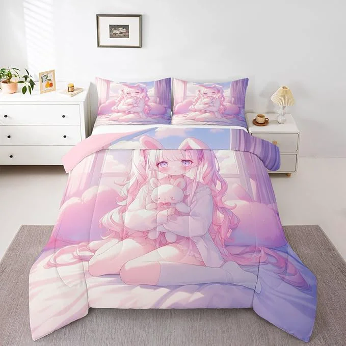 Superior Erosebridal Romance Girly Comforter Set for Kids Boys Girls Anime Girl Bedding Japanese Girl Duvet Set Cute Cartoon Bear Comforter Queen with 2 Pillowcases Eco-Friendly