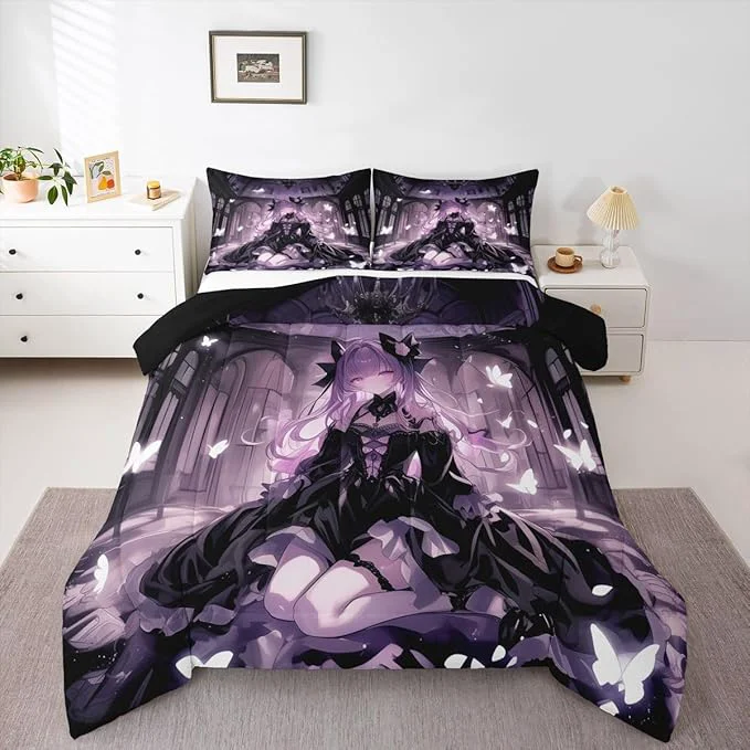 Fashionable Erosebridal 3D Girly Kids Comforter Set Japanese Girl Bedding Full Size Anime Gifts Down Comforter Purple Dreamy Butterfly Print Duvet Set for Bedroom Genuine