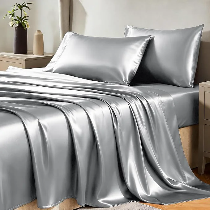 Elite CozyLux Satin Sheets Twin XL Sheets - 3 Piece Silky XL Twin Sheet Set Luxury Extra Long Light Grey Sheet with Smooth and Soft Microfiber Includes 1 Fitted Sheet 1 Flat Sheet and 1 Pillowcase Carefully Designed