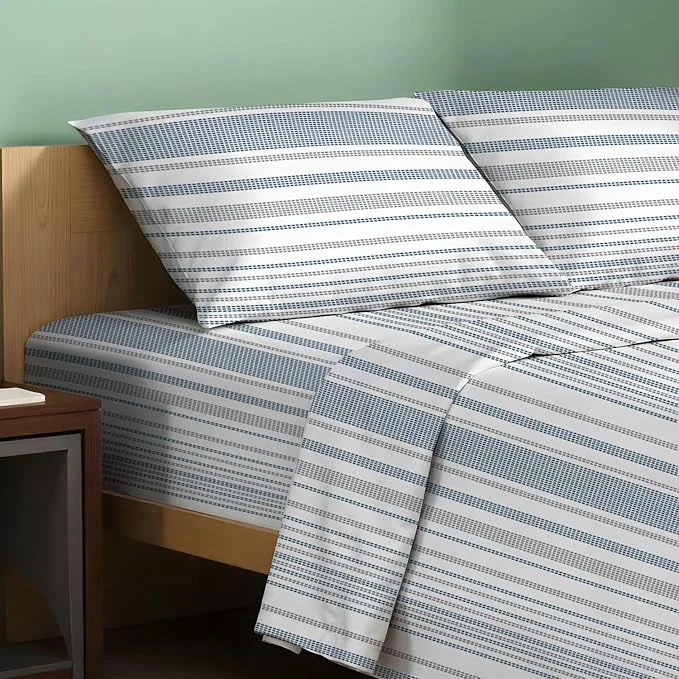 Durable TEXAS LINEN CO. Organic Cotton Printed Sheets King Size - 4 PC Organic Cotton Percale Sheets King Set Dotted Stripe Cooling amp Breathable Sheet 16 quot Deep Pocket Hotel Bedding - GOTS