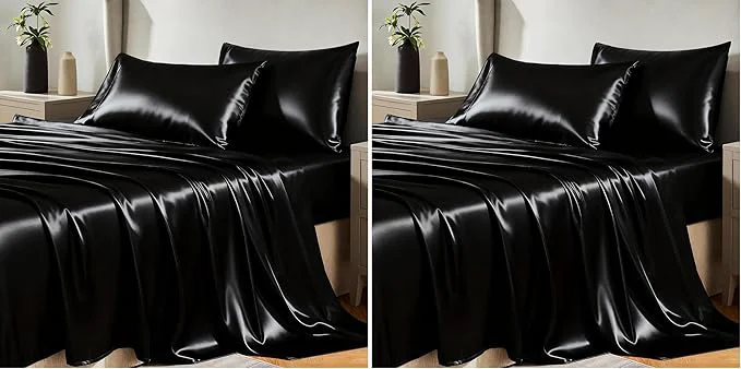 Crafted CozyLux Satin Sheets Queen Size Bed Set - 4 Piece Silky Queen Sheet Set Luxury Black Queen Sheets with Smooth and Soft Microfiber Includes 1 Fitted Sheet 1 Flat Sheet and 2 Pillowcases Pack of 2 Official