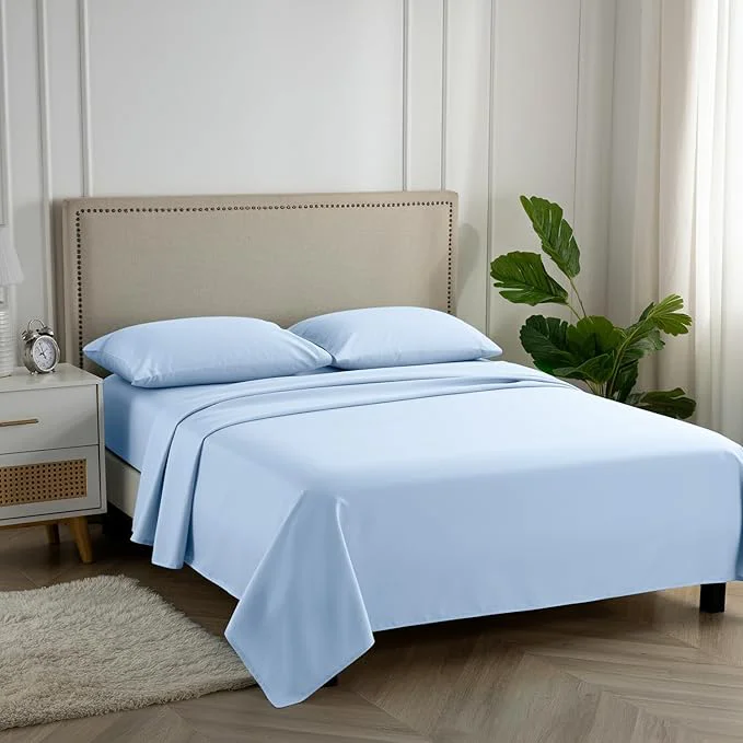 Fine Crafted Carressa Linen Luxury Egyptian Cotton 4 PC Queen Size Sheet Set - 600 Thread Count Deep Pocket Fitted and Flat Sheets Soft Cooling Extra Long Staple Hotel Bedding with Sateen Weave Sky Blue Minimalist