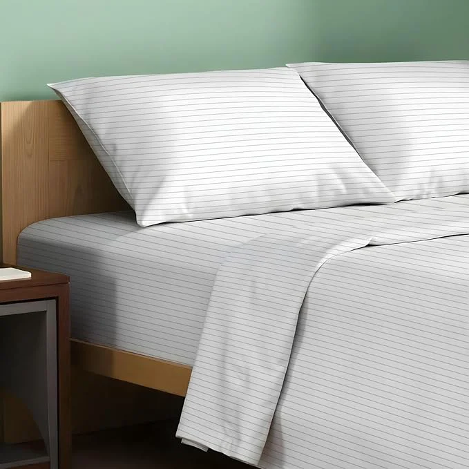 Eco-Friendly TEXAS LINEN CO. Organic Cotton Printed Sheets Full Size - 4 PC Organic Cotton Percale Sheets Full Set Pinstripe - Light Grey Cooling amp Breathable Sheet 16 quot Deep Pocket - GOTS Expertly Made