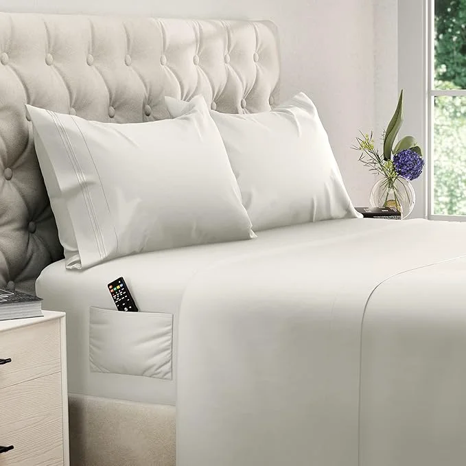 DREAMCARE Twin XL Sheet Sets - 4pc Cooling Sheets XL Twin Sheets - up to 21 Deep Pocket – Hotel Luxury Extra Long Twin XL Bed Sheets Brushed Microfiber with Side Pocket - Ivory Clean