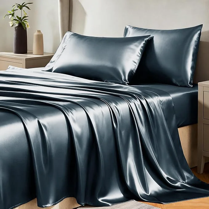 Environmentally Friendly CozyLux Satin Sheets Queen Size Bed Set - 4 Piece Silky Queen Sheet Set Luxury Steel Blue Queen Sheets with Smooth and Soft Microfiber Includes 1 Fitted Sheet 1 Flat Sheet and 2 Pillowcases Outstanding