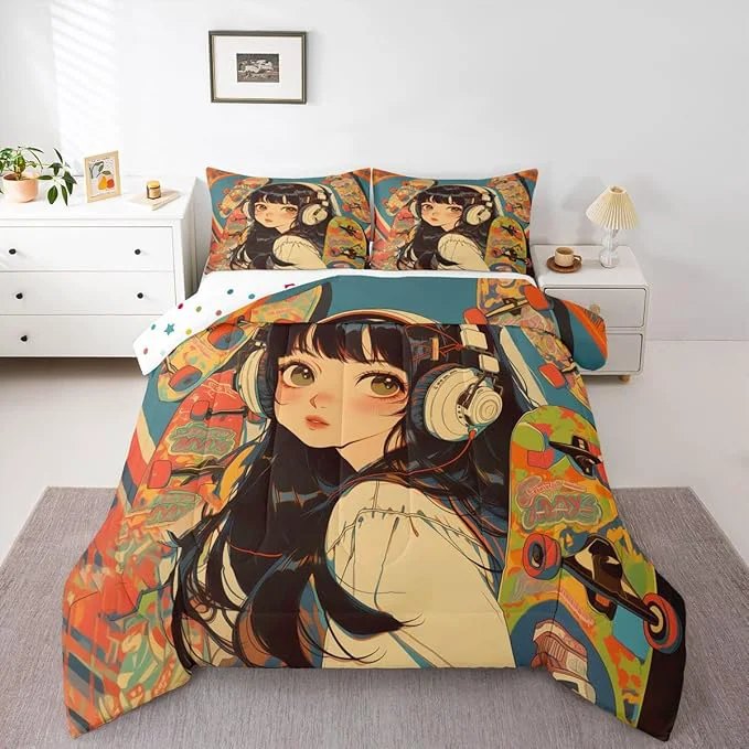 Superior Erosebridal 3Pcs Anime Bedding Fashion Street Girls Comforter Set 3D Cartoon Printed Comfortable Soft Bed Set for Kids Boys Girls Teens Tattoo Watercolor Art Japanese Style Duvet Set King Size Enhanced