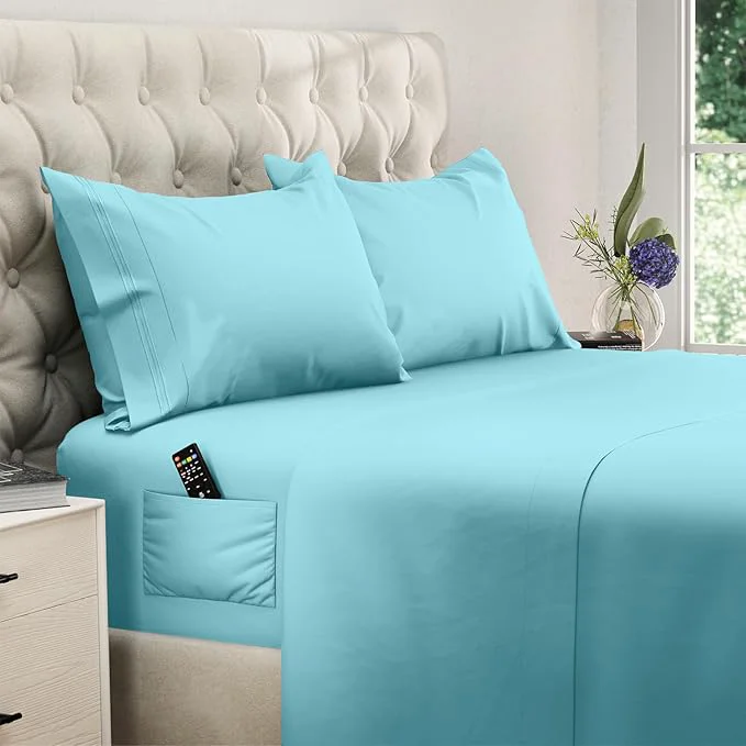 Fast DREAMCARE Full Size Sheets Set - 4 Pcs Cooling Bed Sheets with Up to 15 quot Deep Pockets - Soft Long-Lasting Brushed Polyester with Side Pocket Spa Blue Refined