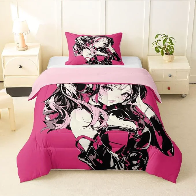 Versatile Erosebridal Pink Anime Girls Bedding Cartoon Japanes-Style Comforter Set Twin Graffiti Street Culture Bed Comforter Set for Kids Teens Youth Watercolor Hippie Style Duvet Set 2Pcs Breathable