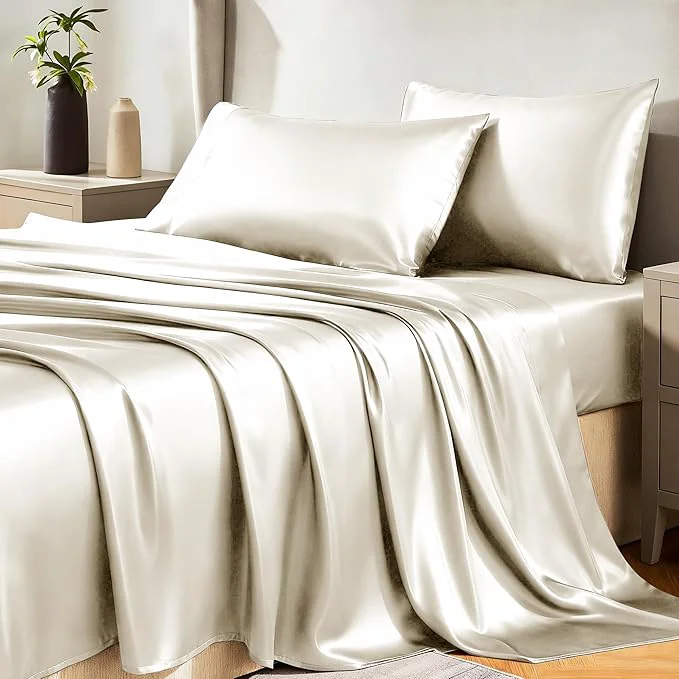 Secure CozyLux Satin Sheets Queen Size Bed Set - 4 Piece Silky Queen Sheet Set Luxury Beige Queen Sheets with Smooth and Soft Microfiber Includes 1 Fitted Sheet 1 Flat Sheet and 2 Pillowcases Enhanced