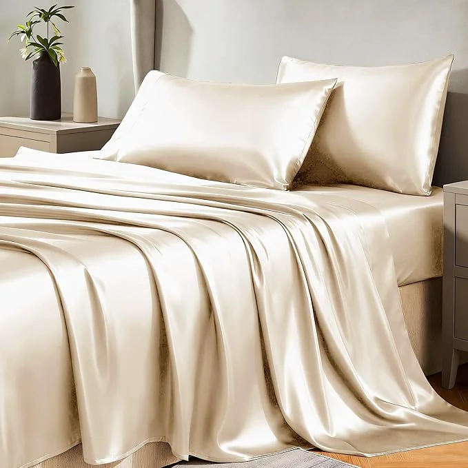 High-End CozyLux Satin Sheets Queen Size Bed Set - 4 Piece Silky Queen Sheet Set Luxury Champagne Queen Sheets with Smooth and Soft Microfiber Includes 1 Fitted Sheet 1 Flat Sheet and 2 Pillowcases High-Quality