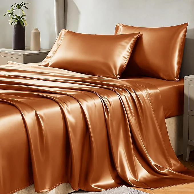 Traditional CozyLux Satin Sheets Queen Size Bed Set - 4 Piece Silky Queen Sheet Set Luxury Terracotta Queen Sheets with Smooth and Soft Microfiber Includes 1 Fitted Sheet 1 Flat Sheet and 2 Pillowcases Proven