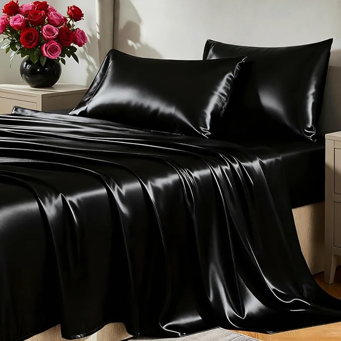 Modern CozyLux Satin Sheets Cal King Sheet Set - 4 Piece Silky California King Sheets Luxury Black Bed Sheet Set with Smooth and Soft Microfiber Includes 1 Fitted Sheet 1 Flat Sheet and 2 Pillowcases Environmentally Friendly