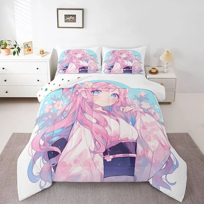 Specialty Erosebridal Girls Bedding Japanese Style Comforter Set Full 3D Anime Girl Duvet Insert Cartoon Kawaii Kimono Girl Bedding Comforter Sets Romantic Gifts for Her Organic
