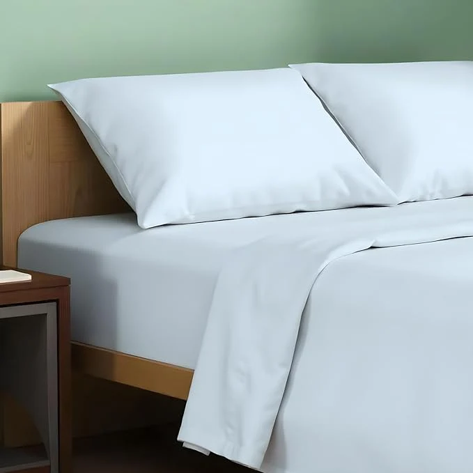Pure TEXAS LINEN CO. Organic Cotton Sheets Full Size - 4 PC Organic Cotton Full Size Percale Weave Sheet Set Soft Cooling Crisp amp Breathable 16 quot Deep Pocket Hotel Quality Bedding Set - Light Blue Sustainable