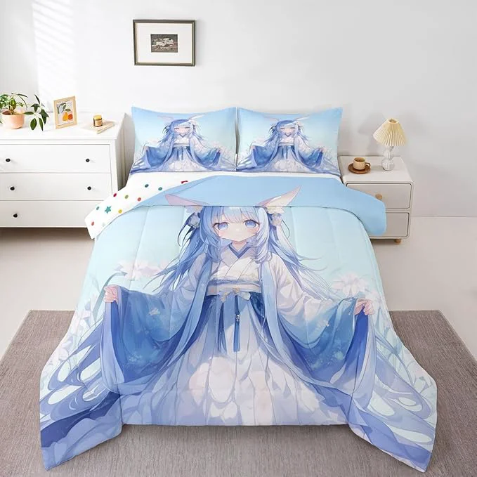 Comfortable Erosebridal Traditional Japanese Girl Comforter Set Kawaii Decor 3D Anime Girl Bedding Sets Cartoon Japanese Girl Bed Set for Kids Girls Blue Butterfly Decorations Down Comforter Twin Size Stylish