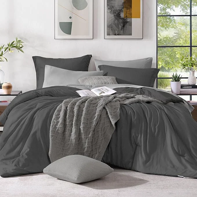 Minimalist Monbix California King Comforter Set - 7 Pieces Cationic Dyeing Dark Grey Bed in a Bag Cal King Bed Sets with Comforter Sheets Pillowcases amp Shams Reversible Bedding Comforters Sets Healthy