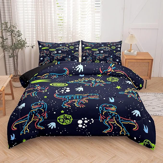 Original Design NINENINE Dinosaur Bedding Sets for Boys Kids Dark Blue Retro Dinosaur Comforter Set Queen Size Comforter Sets for Kids with 1 Comforter 2 Pillowcases Stylish