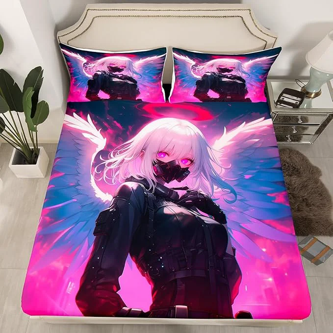 Exceptional Erosebridal Anime Girl with Wings Bed Sheets Queen Size for Girls Adults Kids Japanese Virtual ity Fitted Sheet Cartoon Poster Style Bed Set for Boys Teen Bedroom Decor with 2 Pillowcases Long-Lasting