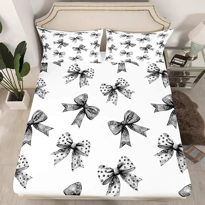 Expertly Made Erosebridal Bow Sheets for Boys Girls Ribbon Black Bow Fitted Sheet Coquette Bowknot with Dots Kids Bedding Sets Dreamy Princess Bowtie Bed Sets Queen 3 Piece Carefully Designed