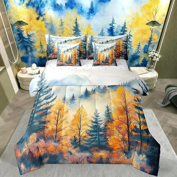 Enhanced Erosebridal Pine Tree Forest Bed in A Bag Full 7 Piece Mountain Mist Landscape Bedding Set Blue Gold Rustic Aesthetic Comforter Set with Sheets Watercolor Oil Painting Style Bed Set Modern
