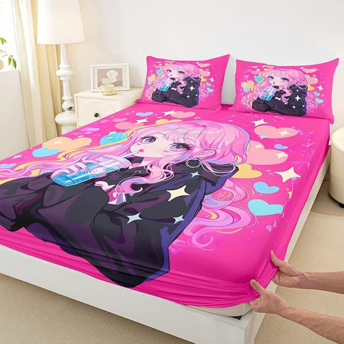 High-Grade Erosebridal Preppy Girls Sheets for Boys Girls Kawaii Japanese Girl Drinking Water Fitted Sheet Coquette Girl with Colorful Curly Hair Kids Bedding Sets Pink Anime Gifts Bed Sets Queen 3 Piece Fine Crafted