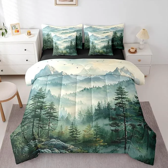 Original Design Erosebridal Green Forest Twin Comforter Set with Sheets 7 Piece Woodland Mountain Bed in A Bag Watercolor Pine Tree Bedding Sets for Kids Adults Nature Aesthetics Bed Set Healthy