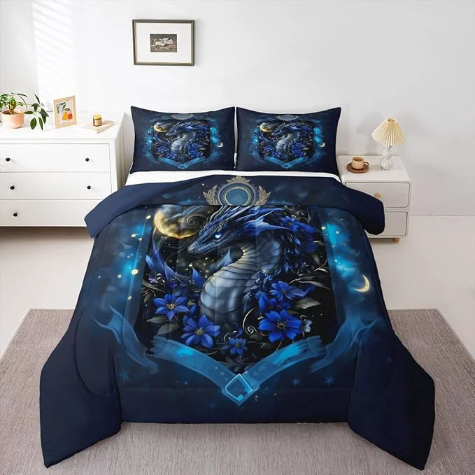 Original Design Feelyou Dragon Bedding Set Soft for Boys Girls Wild Life Comforter Set Twin Size Jungle Dragon Duvet Quilt Microfiber Wild Animal Bedroom Decor Dull Blue 2 Pcs with 1 Pillow Cases Functional