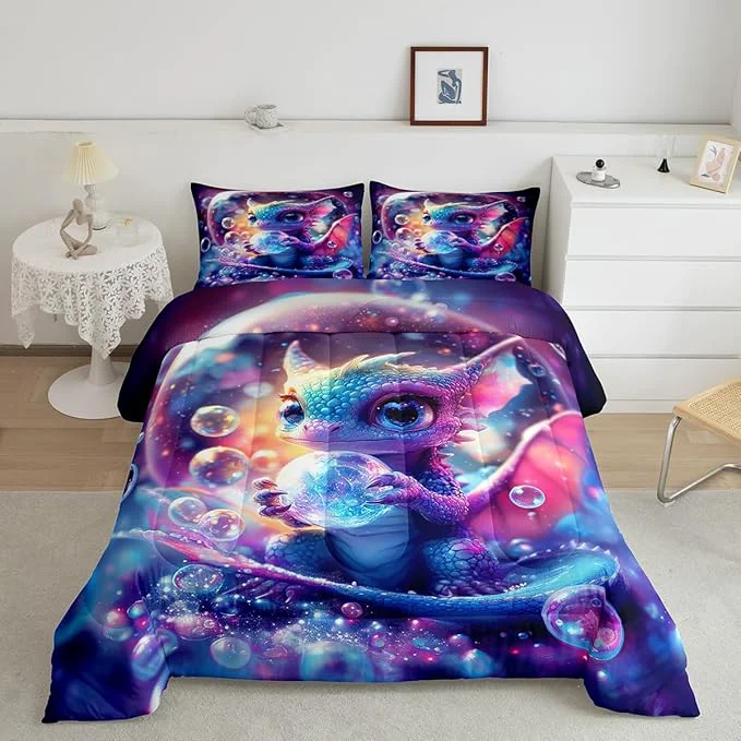 Optimized Feelyou Dragon Comforter Set Toddler Size Kawaii Comforter for Boys Girls Teens Wild Life Bedding Set Dragon Decor Duvet Set Room Decor Purple Blue Quilt Set Fast