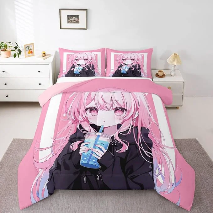 Effective Erosebridal 3D Japanese Kids Comforter Set Anime Girl Drinking Milk Tea Bedding Queen Size Cute Kawaii Girly Down Comforter Modern Fashion Aesthetic Duvet Set for Bedroom Certified