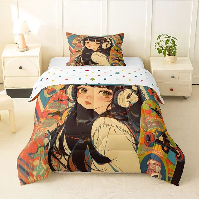 Artisan Erosebridal 2Pcs Anime Bedding Fashion Street Girls Comforter Set 3D Cartoon Printed Comfortable Soft Bed Set for Kids Boys Girls Teens Tattoo Watercolor Art Japanese Style Duvet Set Twin Size Advanced