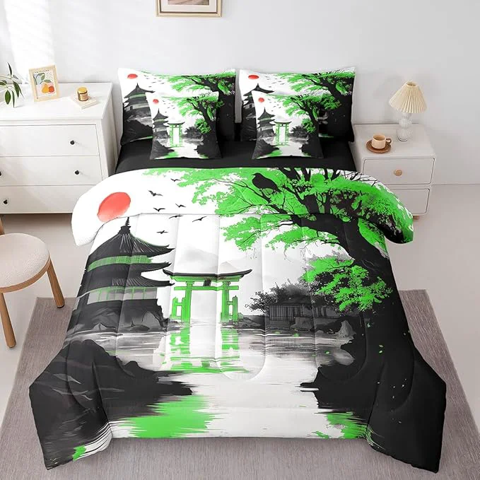 Recyclable Erosebridal Japanese 7 Piece Bed in A Bag Full Sun Cherry Blossom Comforter Set with Sheets Watercolor Black Green Pavilions Mountain Sakura Floral Bedding Set for Kids Adults Chinese Ink Bed Set Prestigious